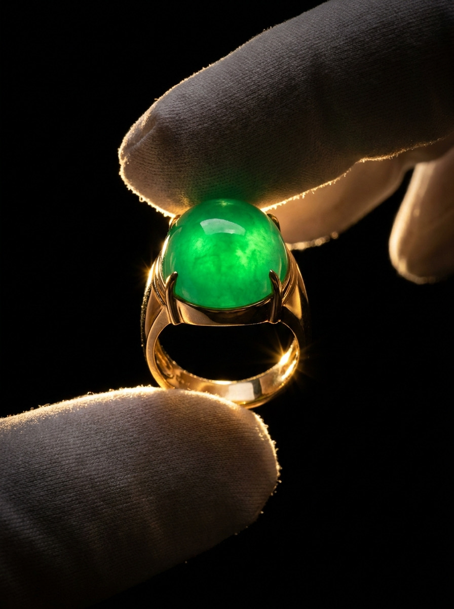 Imperial green jadeite ring glowing against backlight
