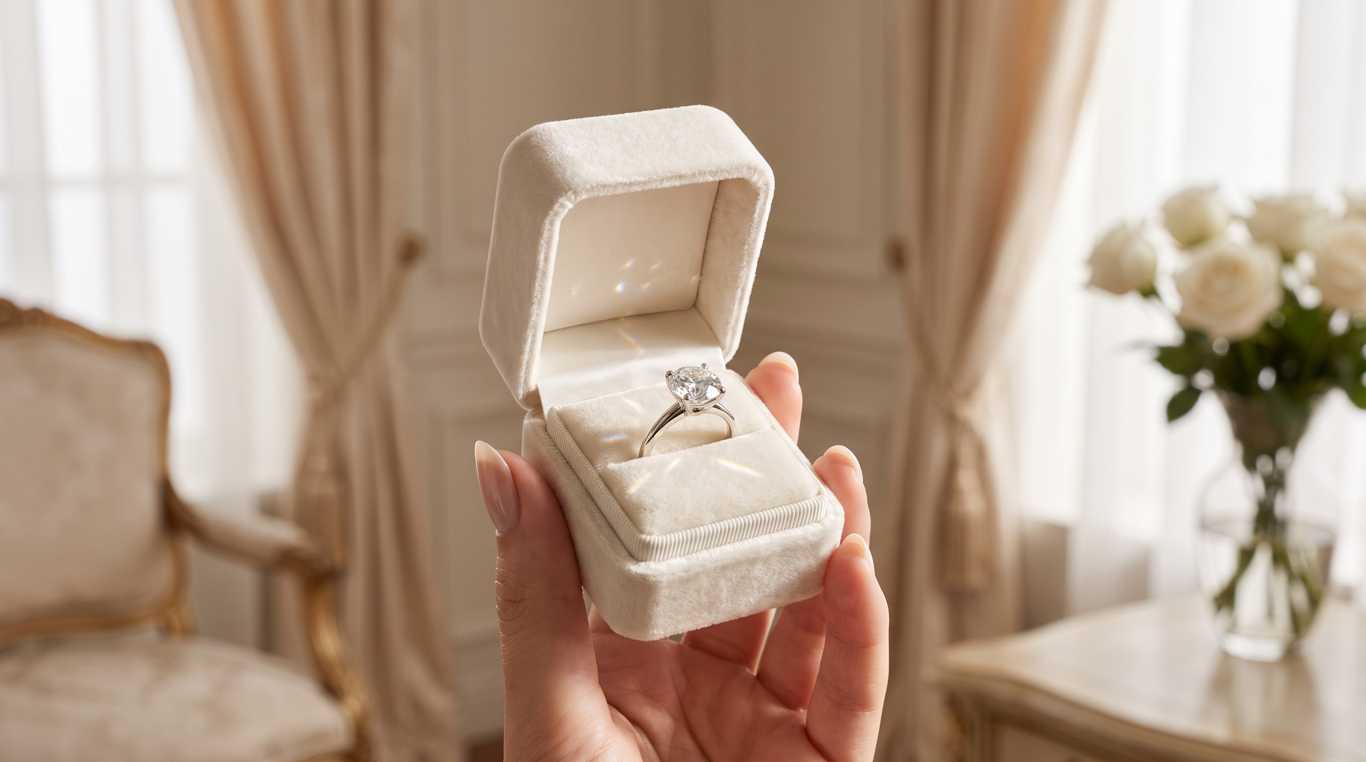 Solitaire diamond engagement ring in an ivory box