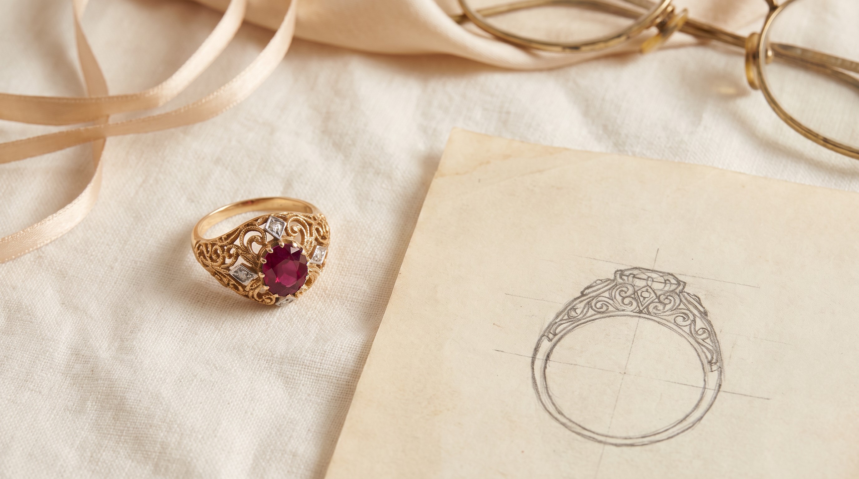 An inherited ring beside a jeweller's design sketch