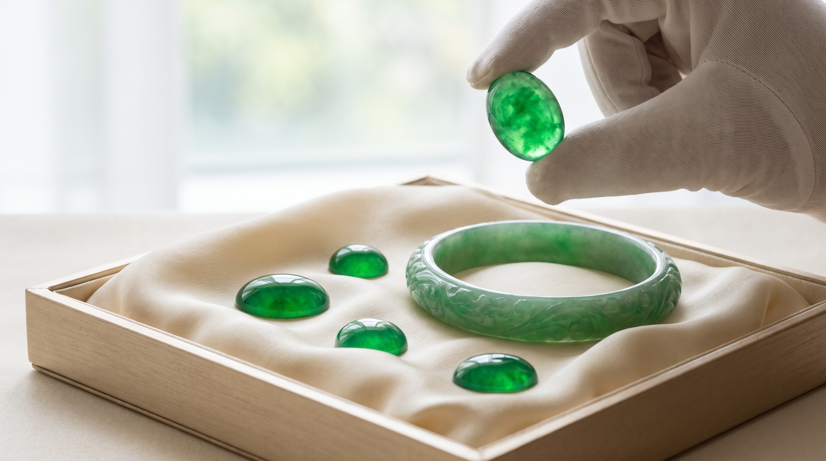 Imperial green jadeite cabochons held to the light