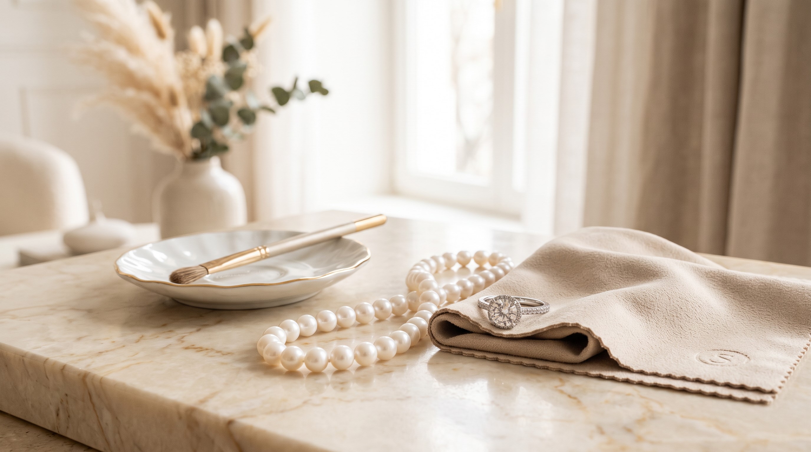 Polishing cloth, diamond ring and pearls on ivory marble