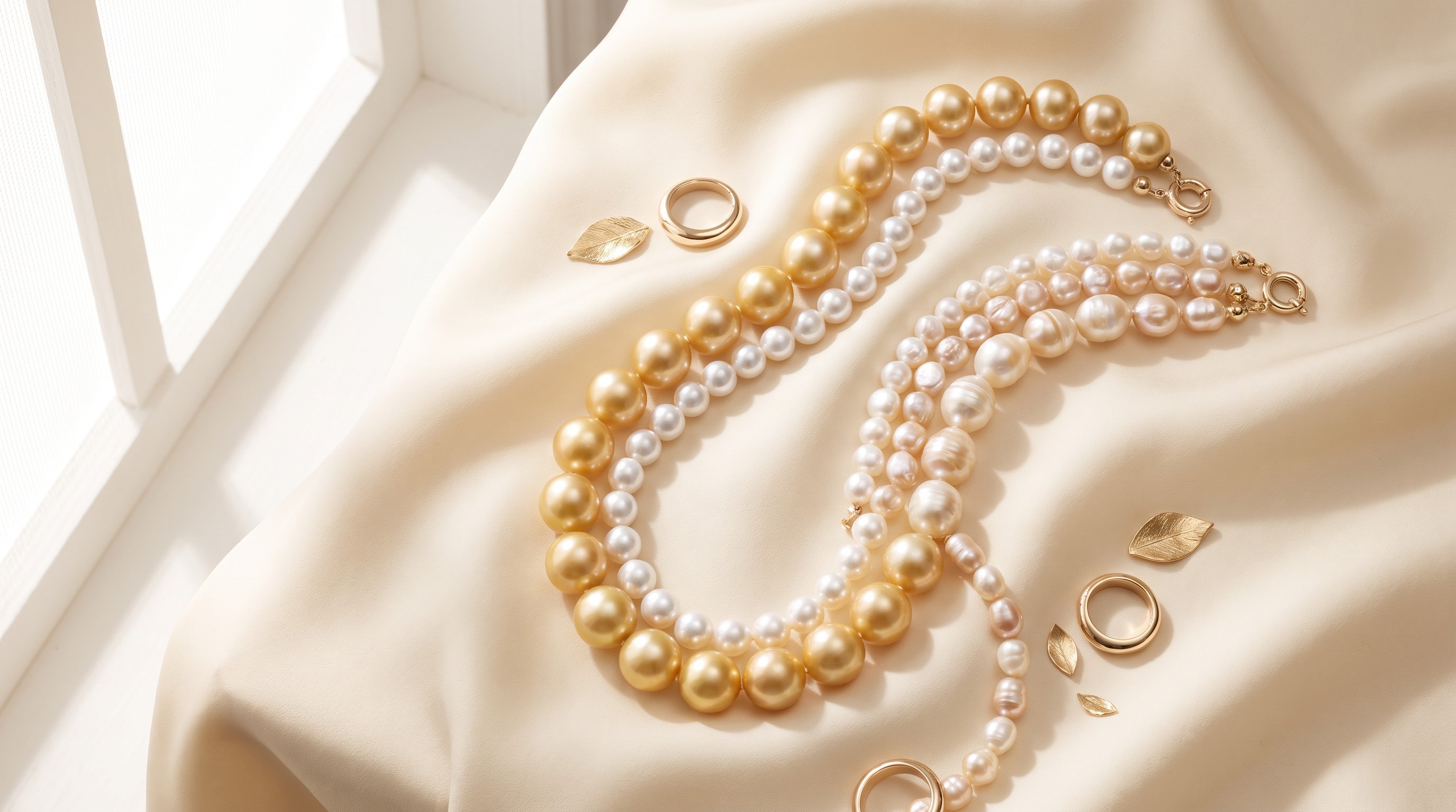 Three pearl strands on ivory silk