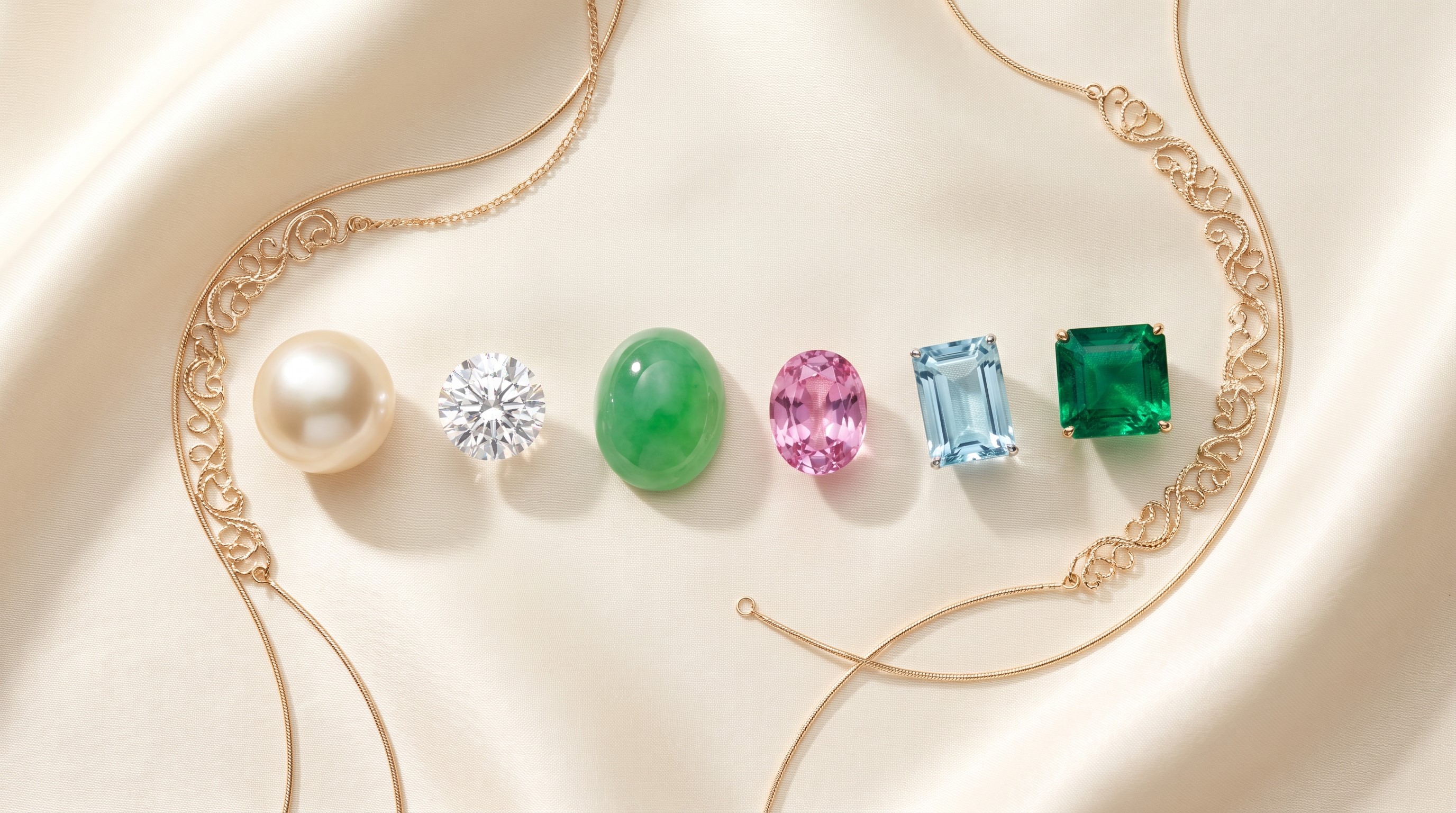 Six fine gemstones arranged on ivory silk